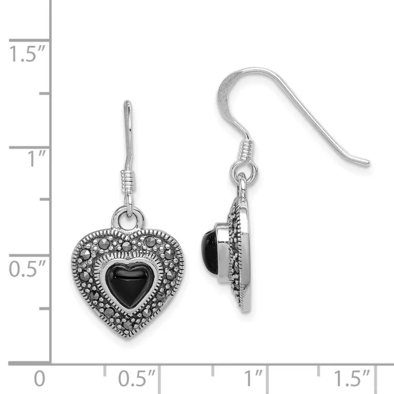 Curata 925 Sterling Silver Onyx Heart Marcasite Dangle Hook Earrings - 28x13mm sold by Zulily