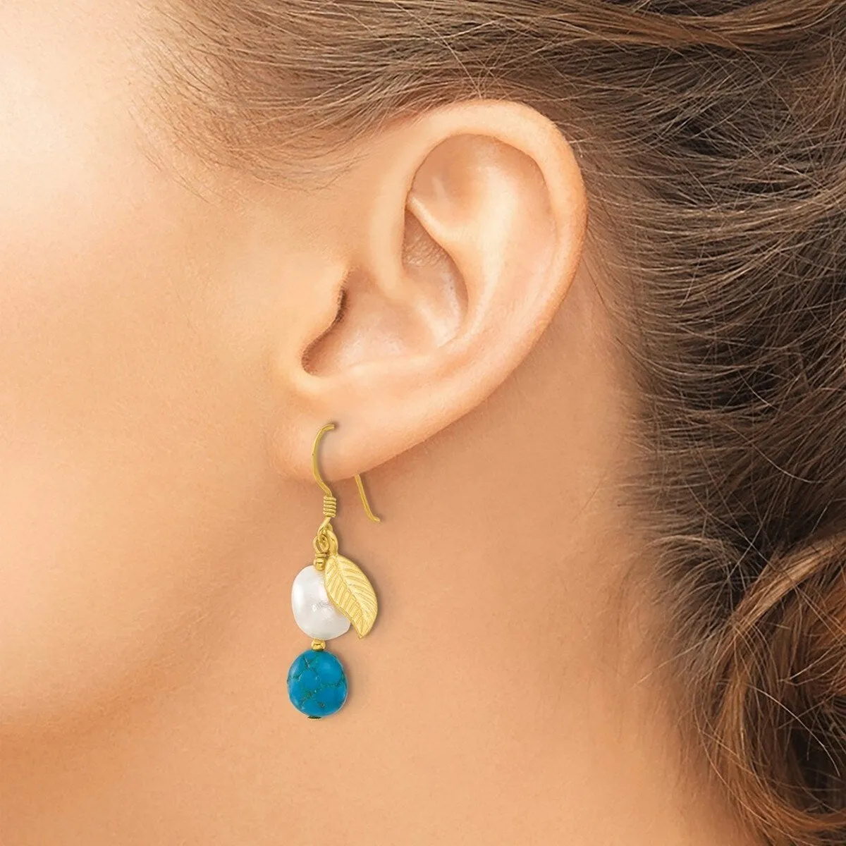 Curata 925 Sterling Silver Gold Plated Cultured Pearl Blue Zircon Leaf Dangle Earrings - 41.2x9.4mm sold by Zulily product image thumbnail 3