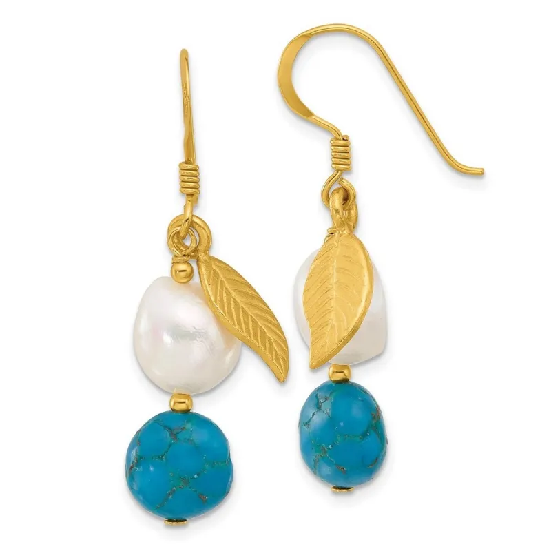 Curata 925 Sterling Silver Gold Plated Cultured Pearl Blue Zircon Leaf Dangle Earrings - 41.2x9.4mm sold by Zulily