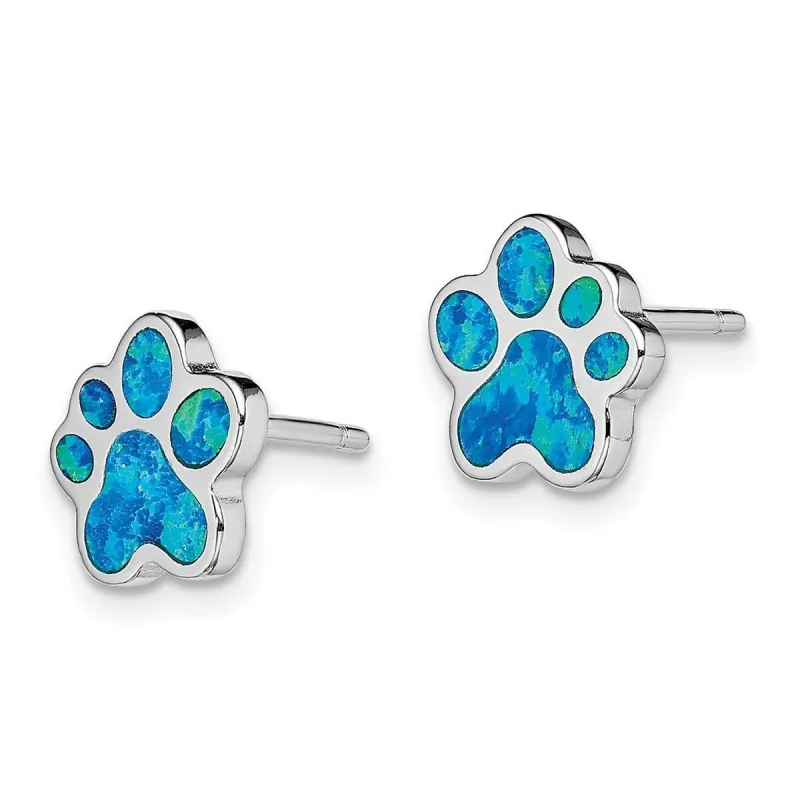 Curata 925 Sterling Silver Rhodium Plated Simulated Blue Opal Inlay Paw Print Post Earrings - sold by Zulily