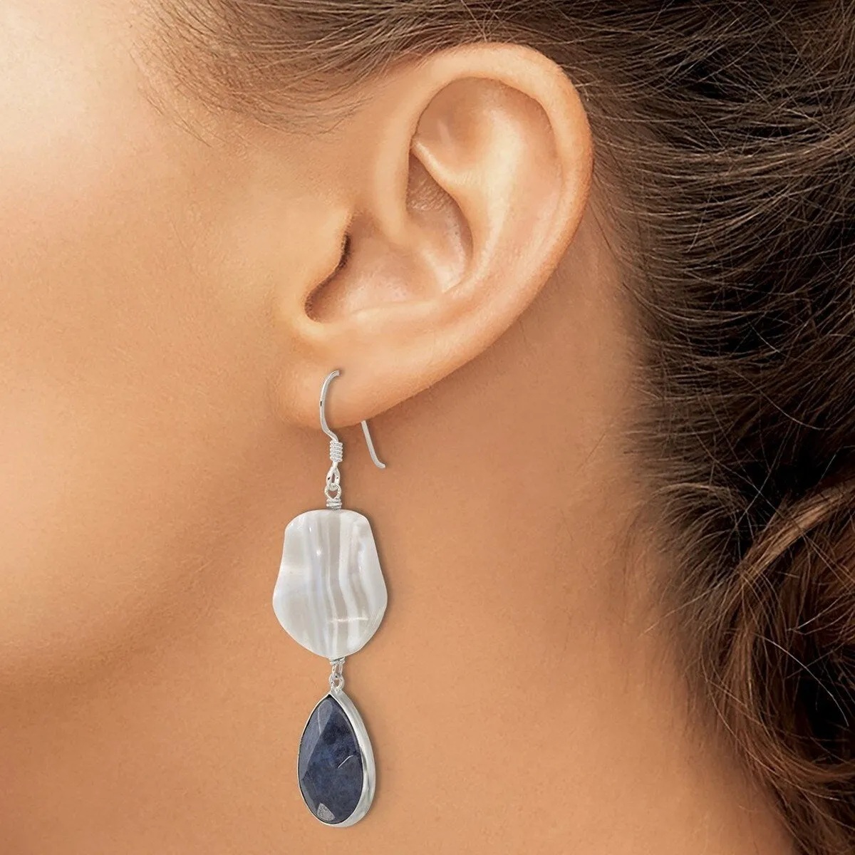 Curata 925 Sterling Silver Grey Agate and Lapis Dangle Hook Earrings - 63x16.5mm sold by Zulily product image thumbnail 2
