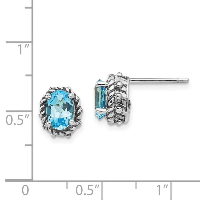Curata 925 Sterling Silver Antiqued Rope Blue Topaz Post Artisan Oxidized Earrings - 10x7mm sold by Zulily