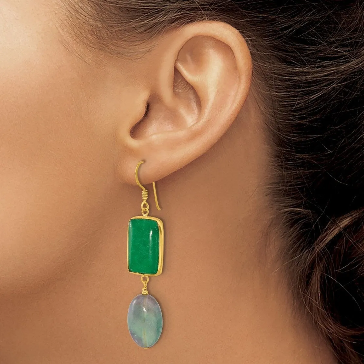 Curata 925 Sterling Silver Gold Plated Aventurine and Fluorite Dangle Earrings - 60.7x14.5mm sold by Zulily