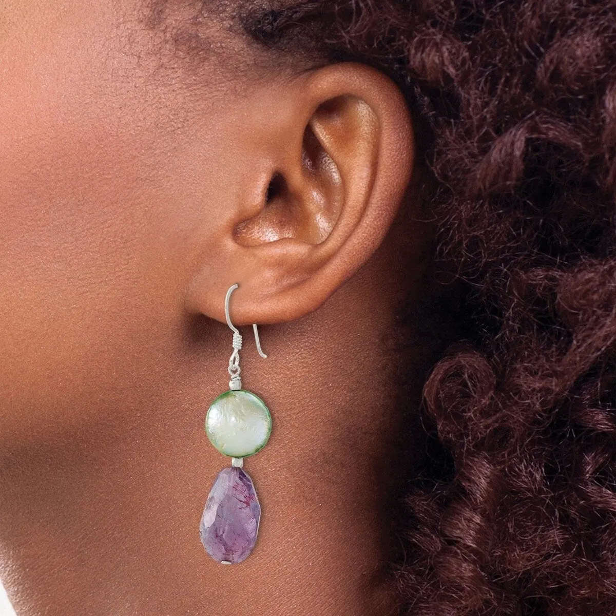 Curata 925 Sterling Silver Amethyst and Green Pearl Dangle Hook Earrings - 52.6x13.2mm sold by Zulily product image thumbnail 4