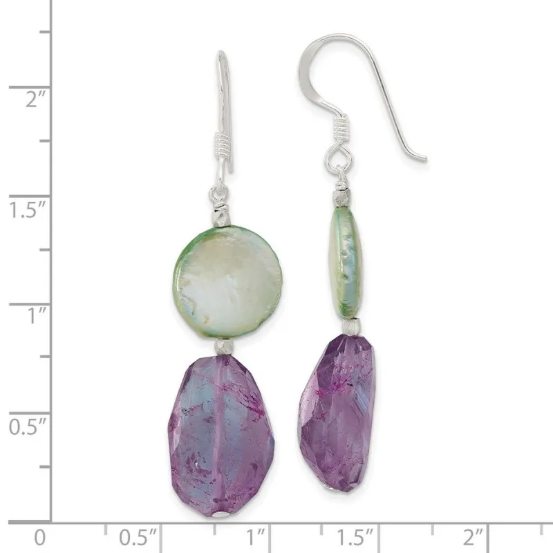 Curata 925 Sterling Silver Amethyst and Green Pearl Dangle Hook Earrings - 52.6x13.2mm sold by Zulily