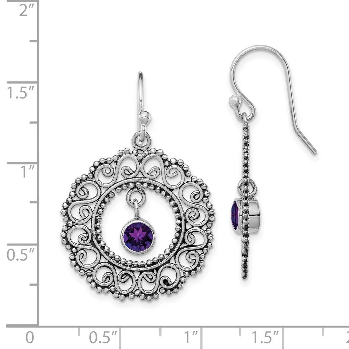 Curata 925 Sterling Silver Amethyst Artisan Beaded Hook Artisan Oxidized Earrings - 45x26mm sold by Zulily product image thumbnail 2