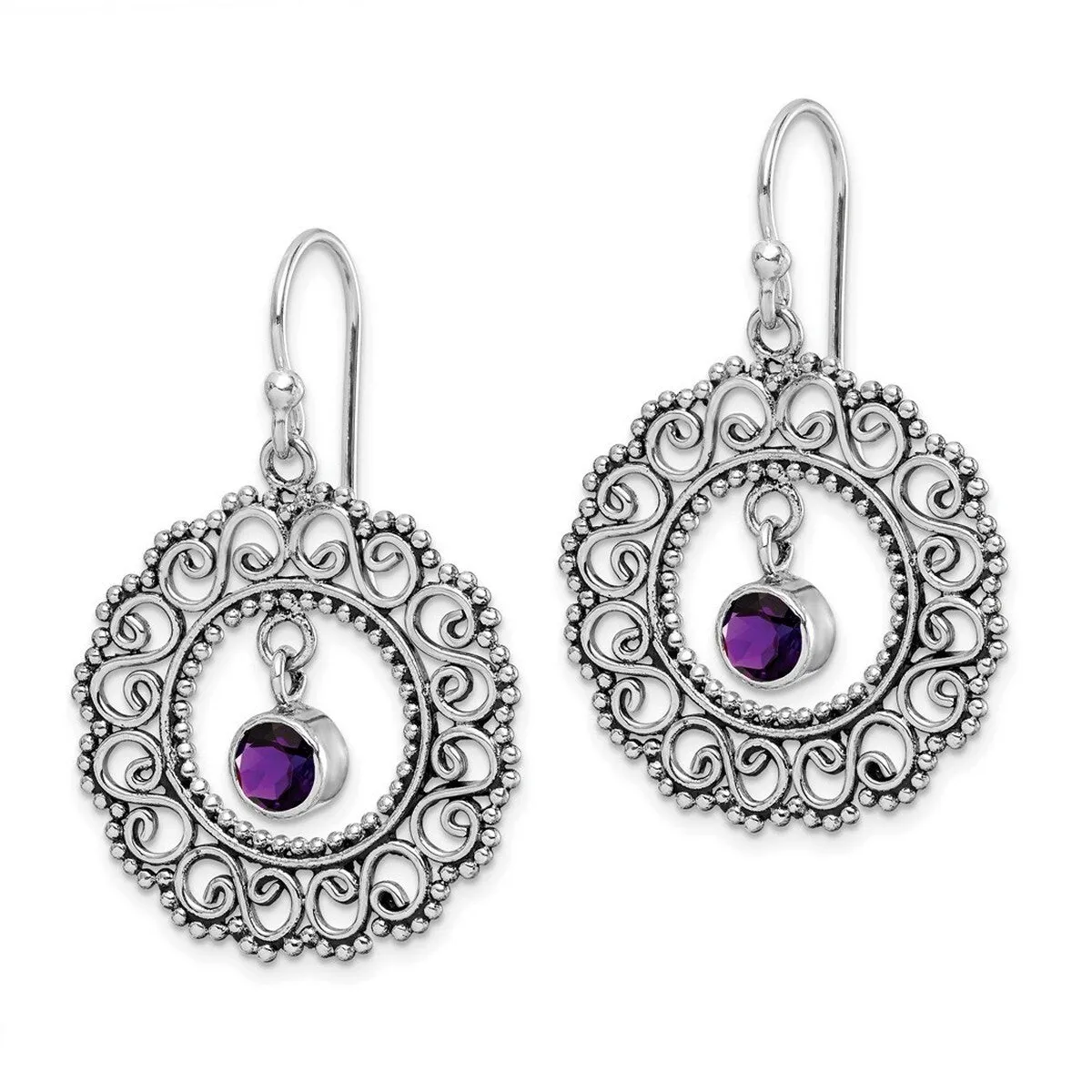 Curata 925 Sterling Silver Amethyst Artisan Beaded Hook Artisan Oxidized Earrings - 45x26mm sold by Zulily product image thumbnail 4