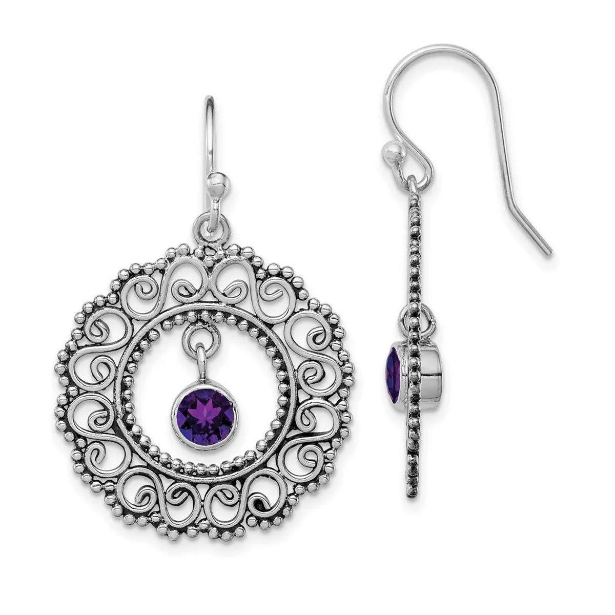 Curata 925 Sterling Silver Amethyst Artisan Beaded Hook Artisan Oxidized Earrings - 45x26mm sold by Zulily product image thumbnail 3