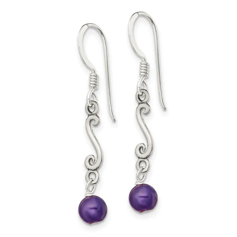 Curata 925 Sterling Silver Amethyst Bead Squiggle Dangle Artisan Oxidized Earrings - 36x6mm sold by Zulily