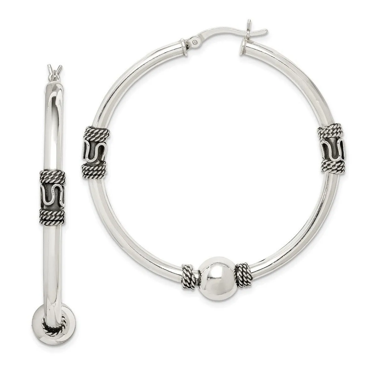 Curata 925 Sterling Silver 50x4mm Antiqued Bead Hoop Artisan Oxidized Earrings sold by Zulily product image thumbnail 3