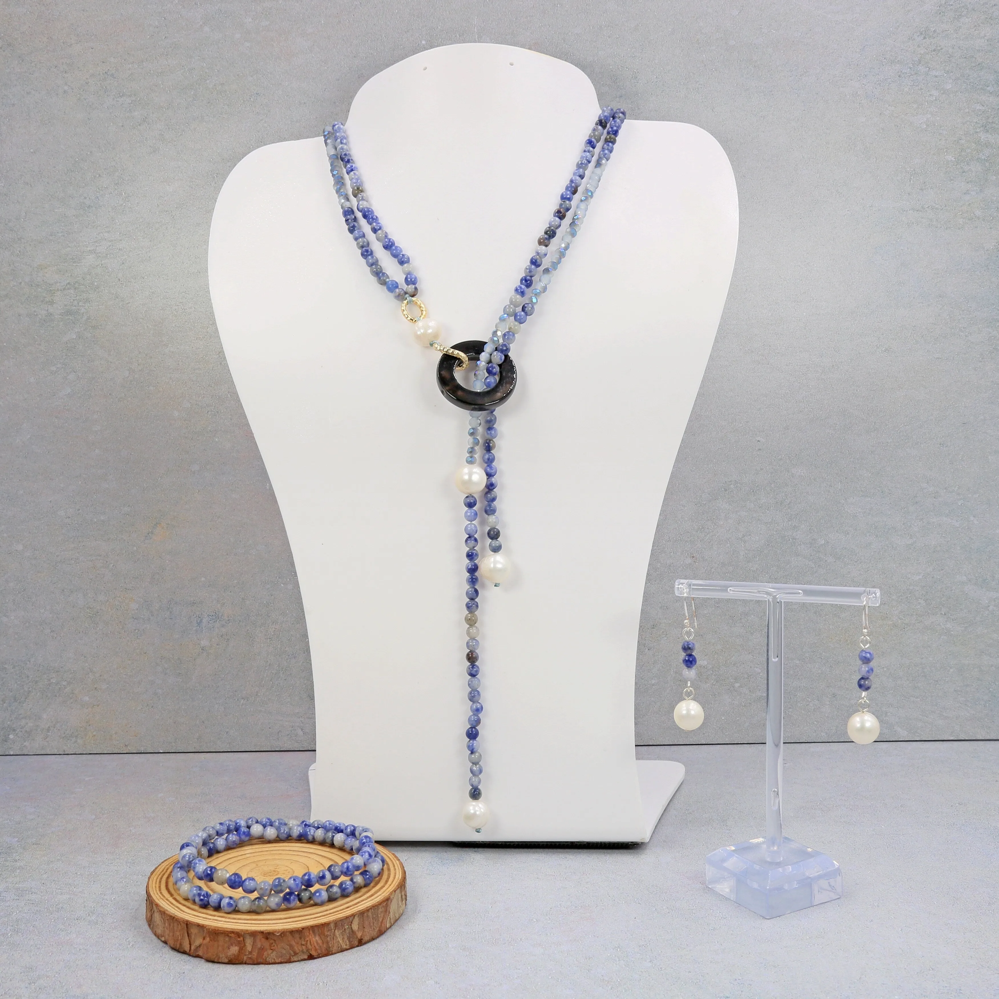 Serene Blue: Sodalite & Pearl Necklace, Bracelet, and Earrings Set sold by Zulily