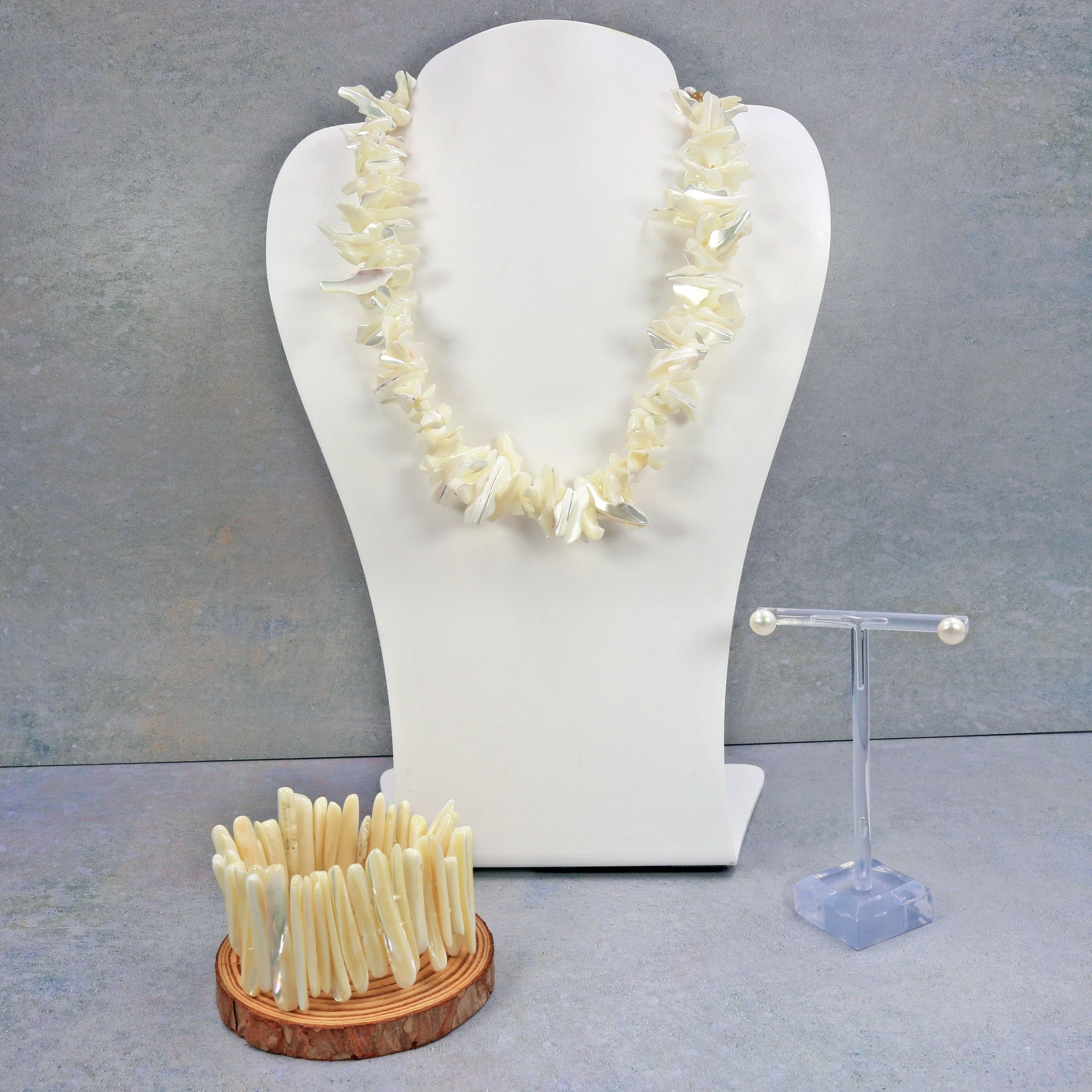 Ocean-Inspired Elegance: Mother of Pearl Necklace, Shell Bracelet, and Pearl Stud Earrings Set sold by Zulily