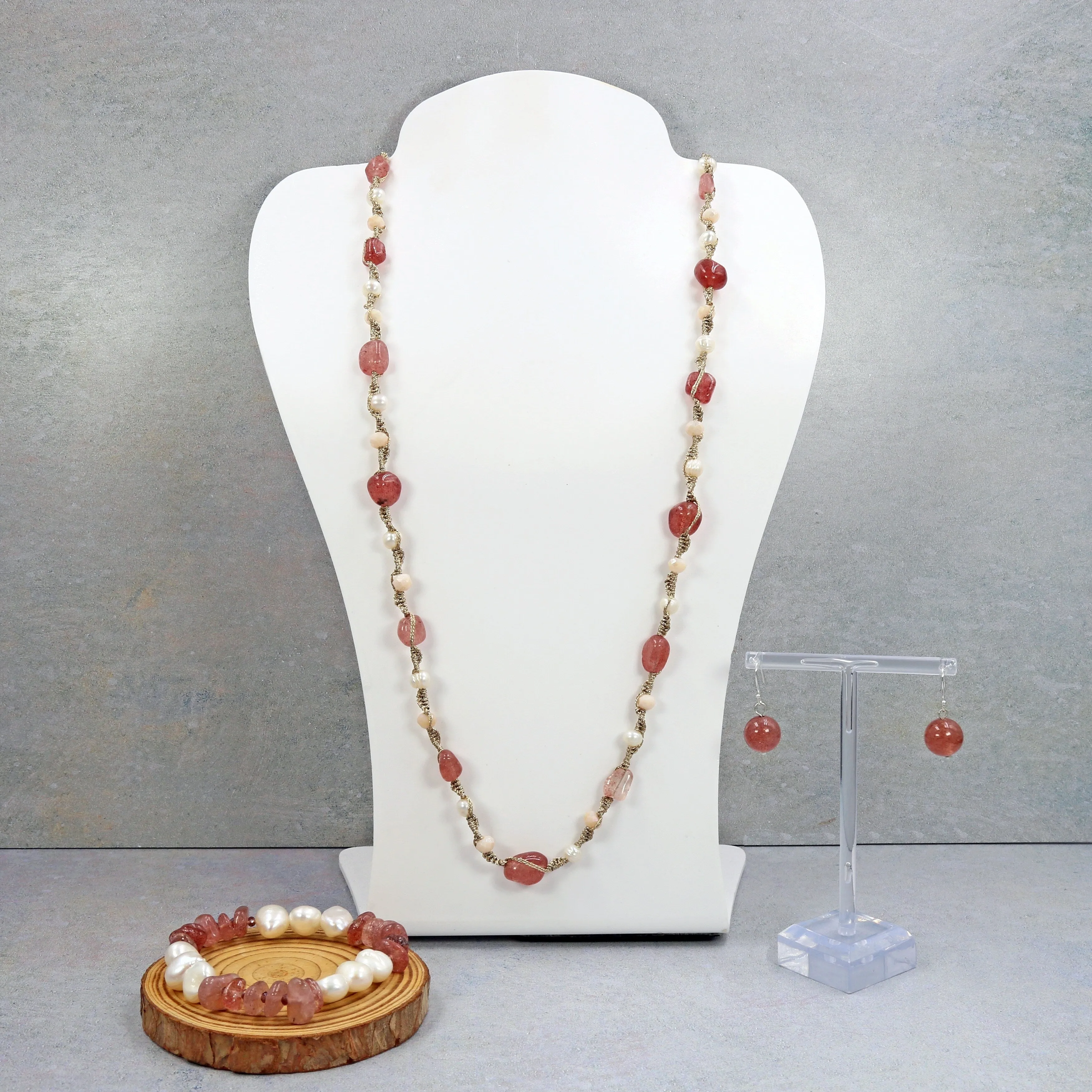 Crochet Strawberry Quartz and Pearl Necklace, Bracelet, and Earrings Set sold by Zulily