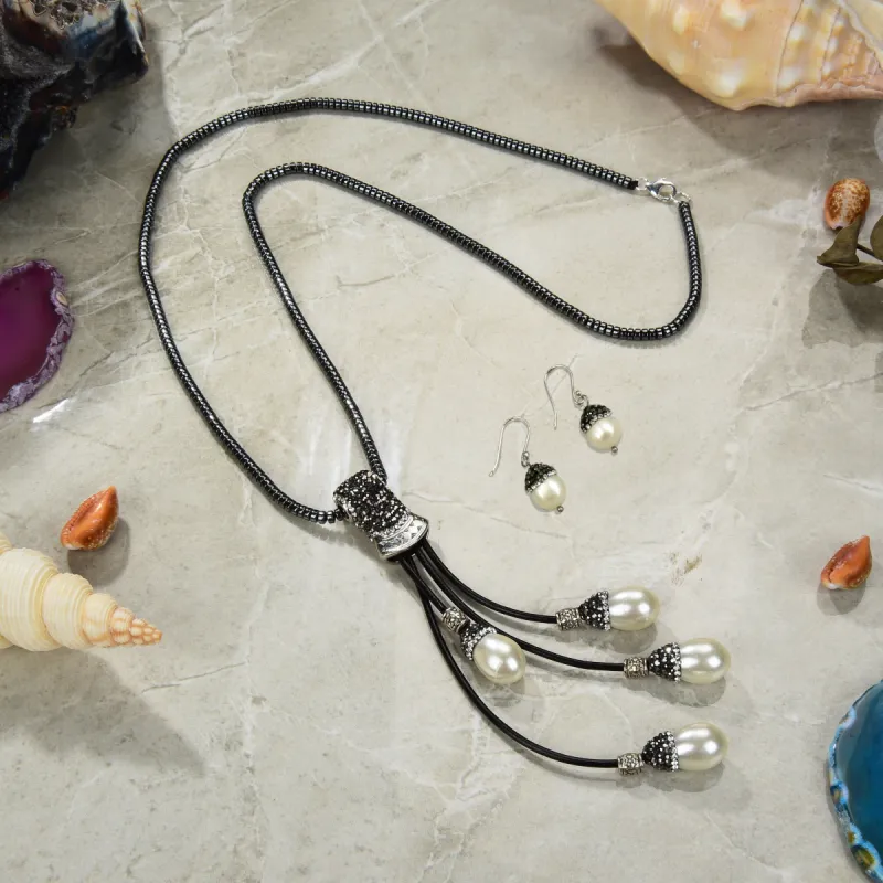 Modern Glamour: Hematite and Pearl Necklace & Earrings Set made by Zulily