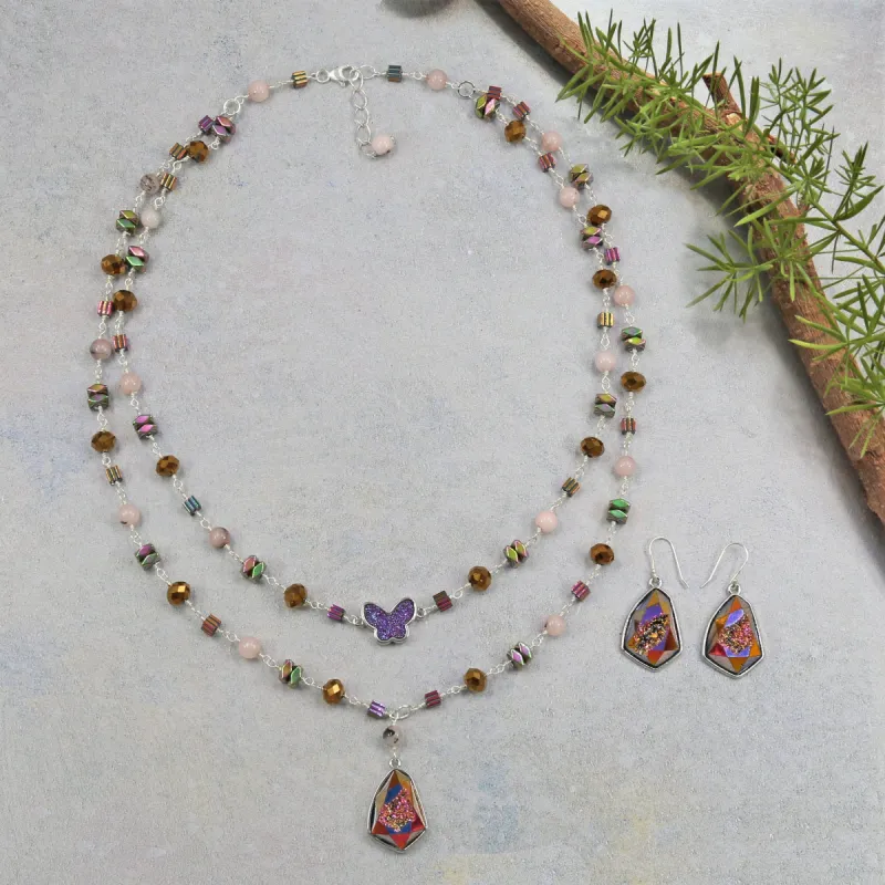 Vibrant Charm: Druzy and Gemstone Butterfly Necklace & Earrings Set sold by Zulily