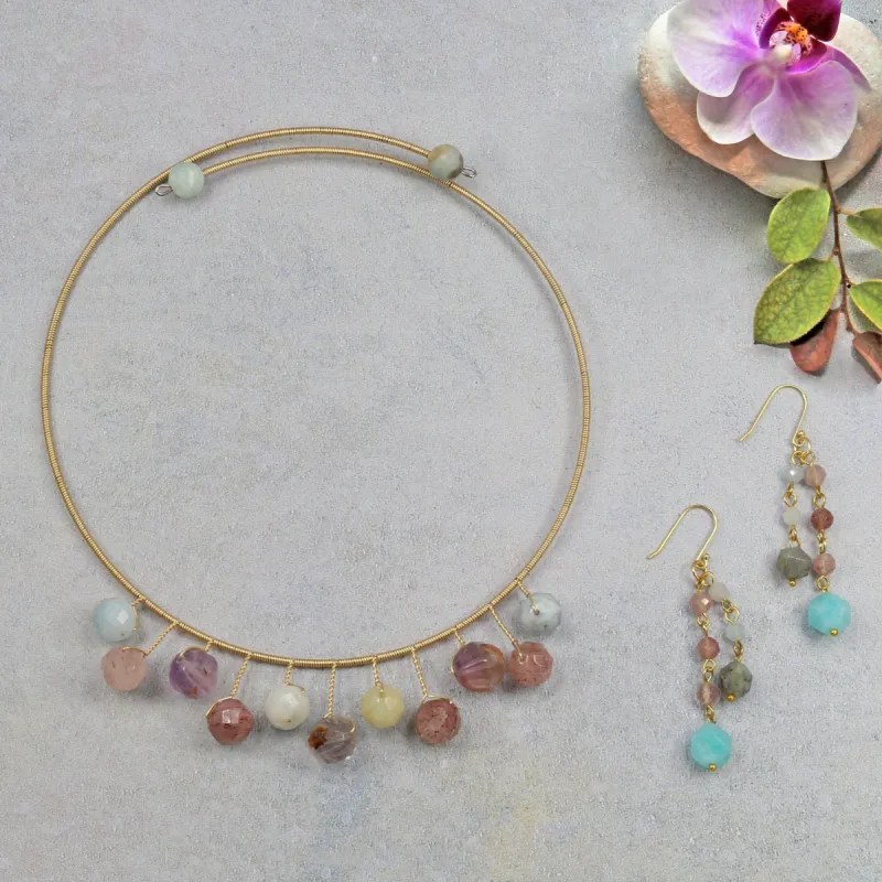 Golden Harmony: Amethyst & Amazonite Gemstone Necklace and Earrings Set sold by Zulily