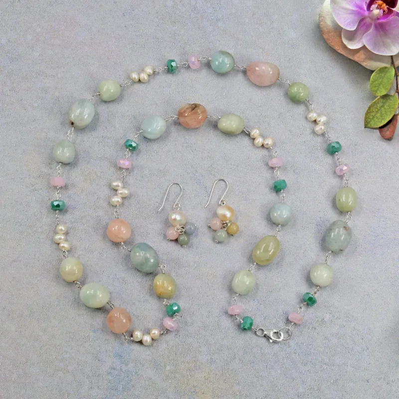 Pastel Radiance: Morganite and Freshwater Pearl Necklace & Earrings Set sold by Zulily