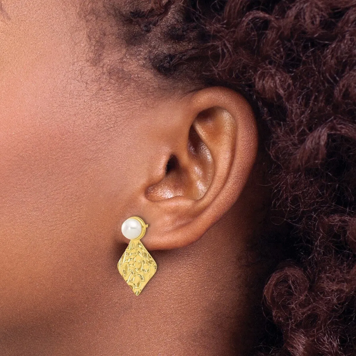 Curata 925 Sterling Silver Gold-plated Hammered Freshwater Cultured Pearl Dangle Post Earrings - 24.8x14mm sold by Zulily product image thumbnail 3