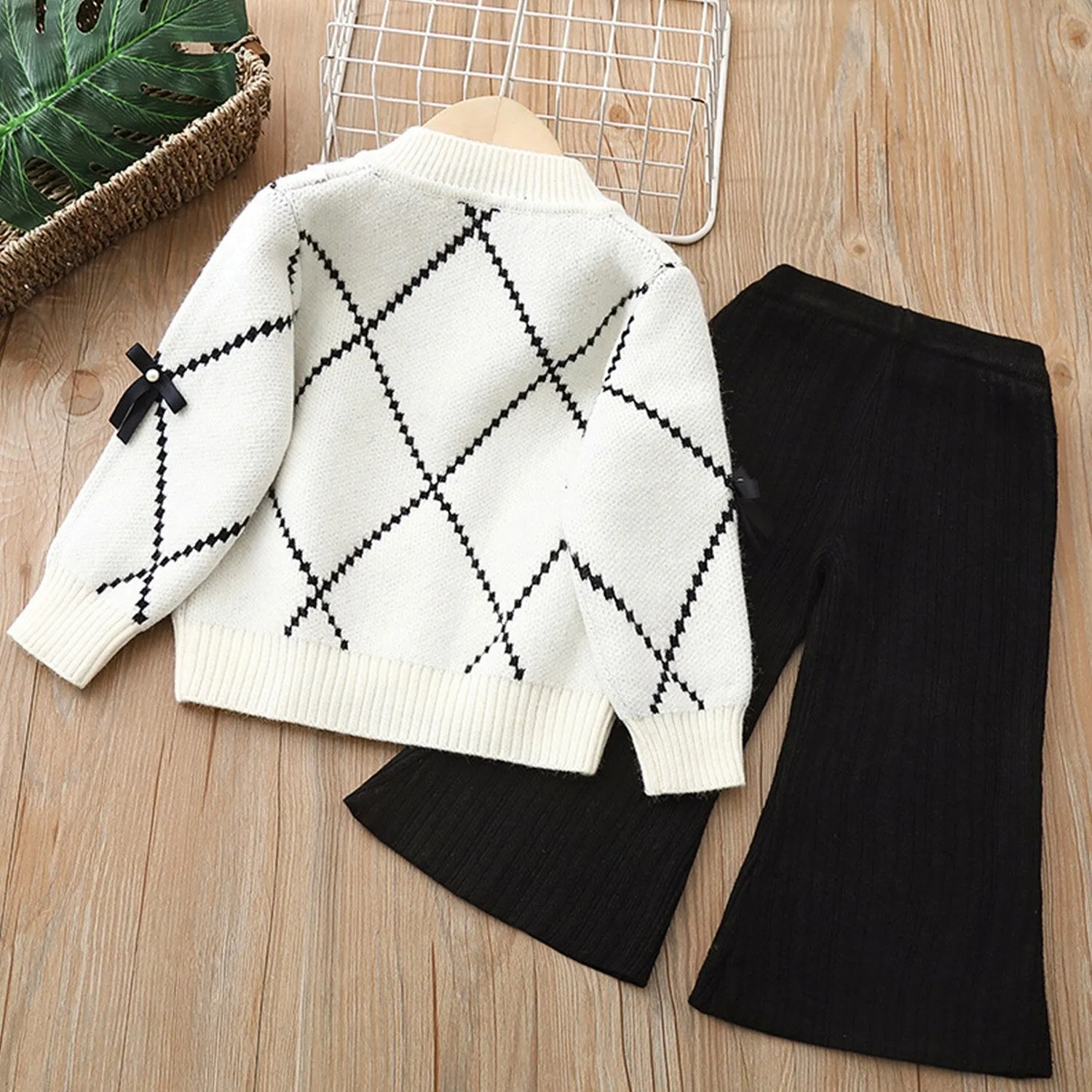 White & Black Bow Knitted Cardigan Suit sold by Zulily product image thumbnail 2