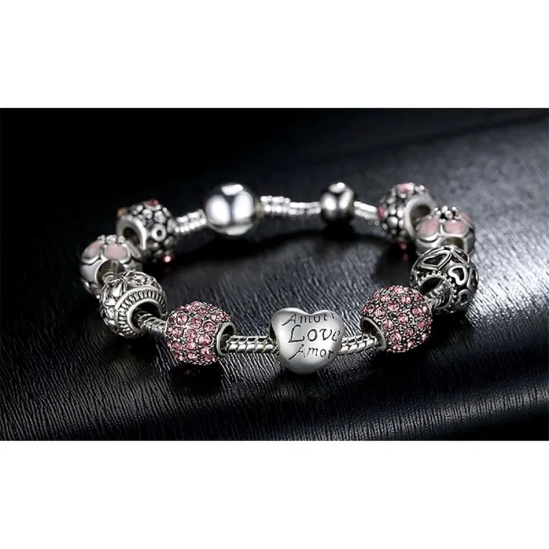 White Gold Plated Pink Crystal Love Heart Charm Beaded Bracelet - pink and silver sold by Zulily