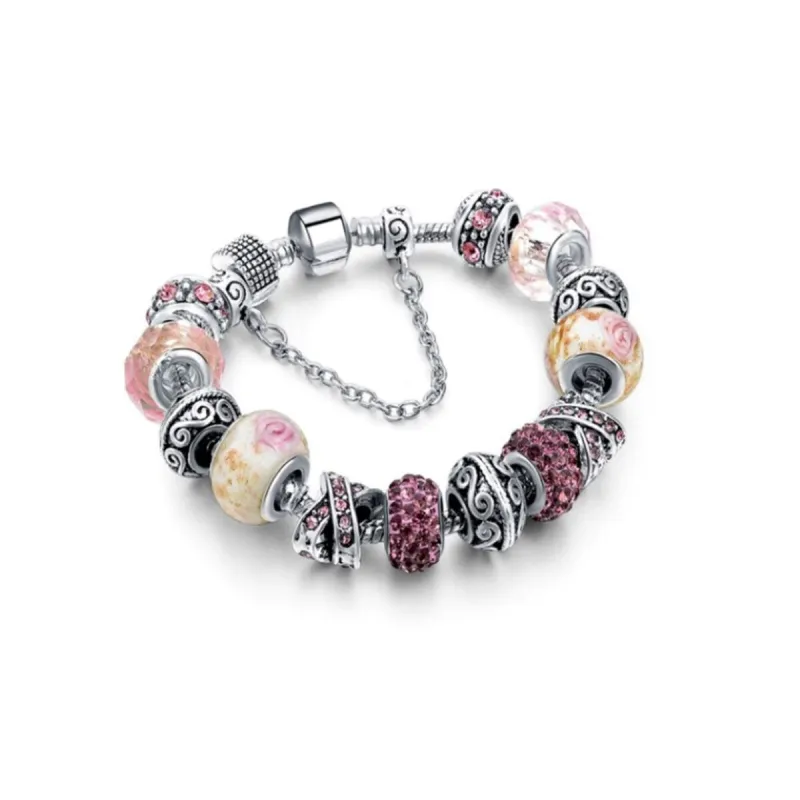 White Gold Plated Pink Crystal Charm Beaded Bracelet sold by Zulily