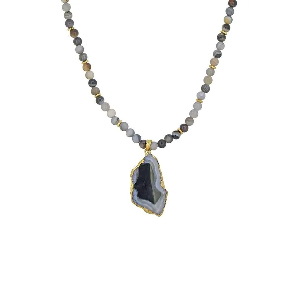 YS Gems Black Druzy Agate Beaded Necklace Brass link chain sold by Zulily