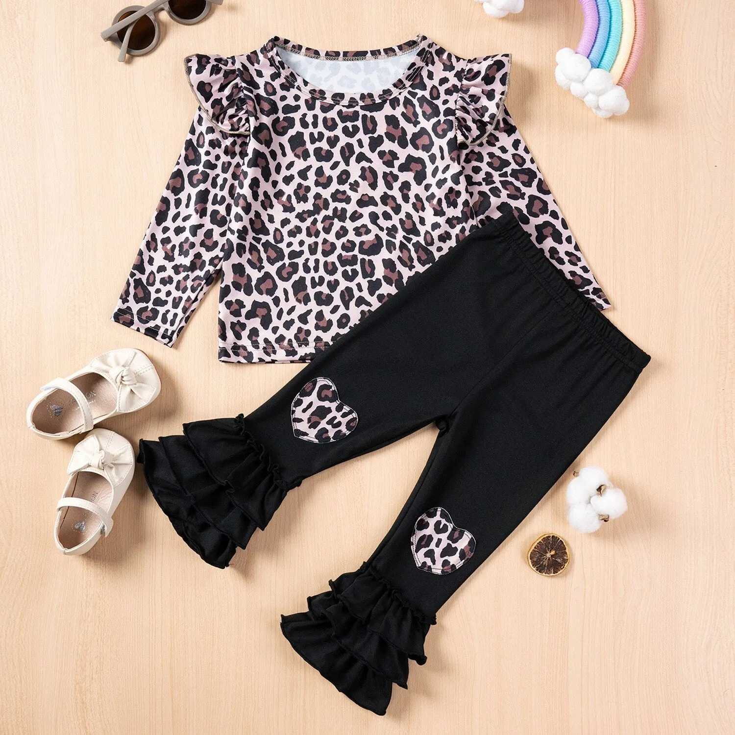 Brown Leopard Ruffle-Accent Top & Black Leopard Heart Ruffle Flare Pants sold by Zulily product image thumbnail 3