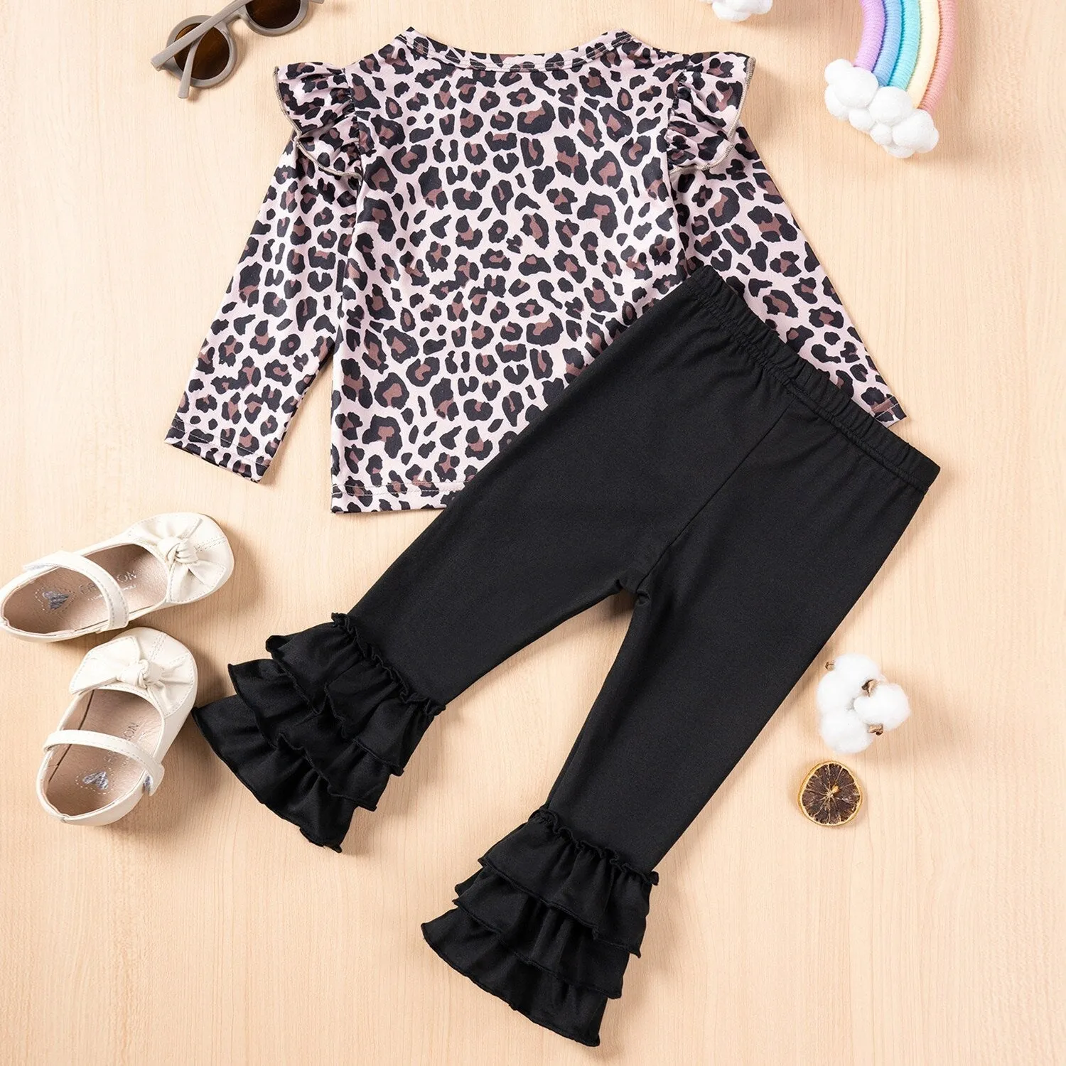 Brown Leopard Ruffle-Accent Top & Black Leopard Heart Ruffle Flare Pants sold by Zulily product image thumbnail 2