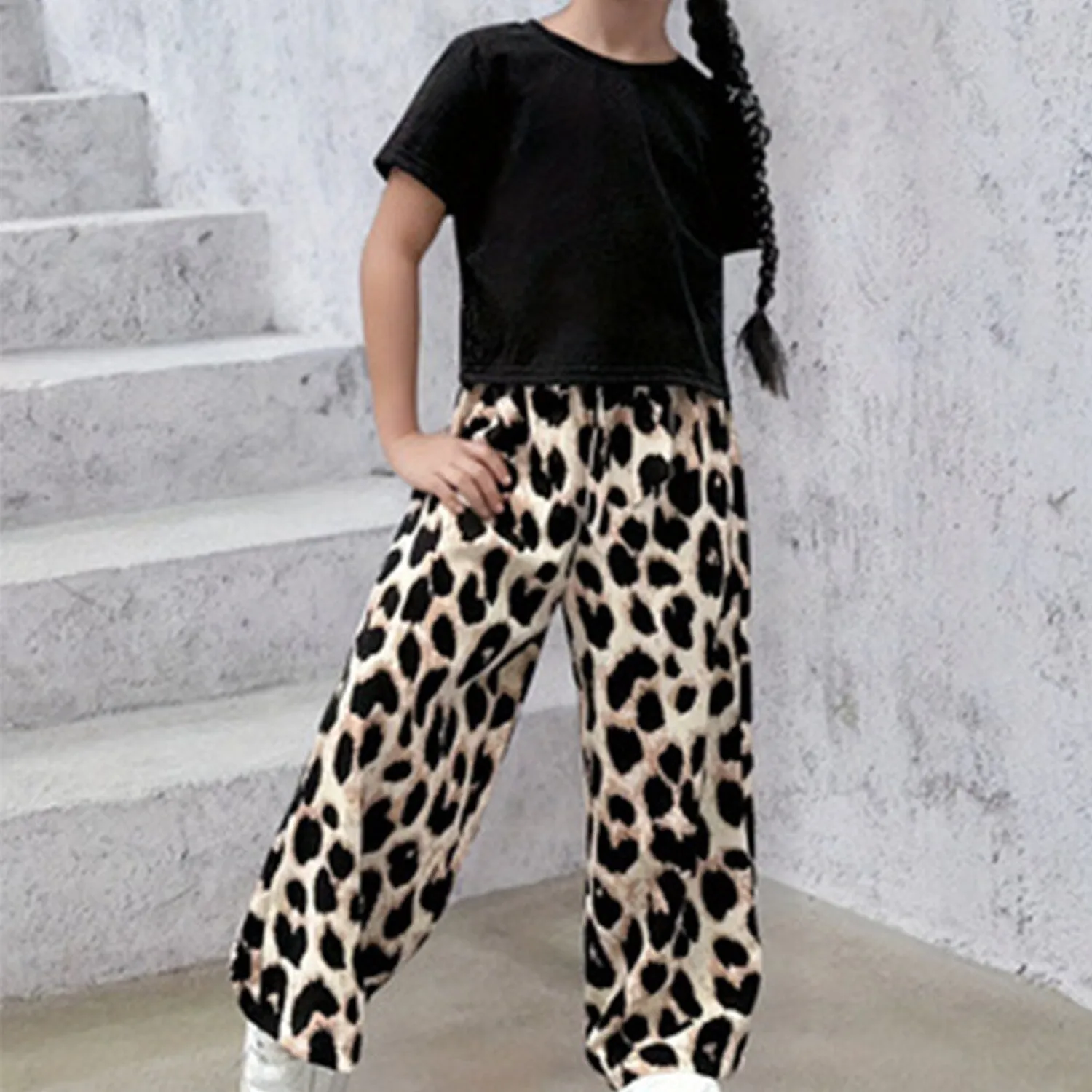 Black Short Sleeve Top & Leopard Tie Bow Wide Leg Pants sold by Zulily product image thumbnail 3