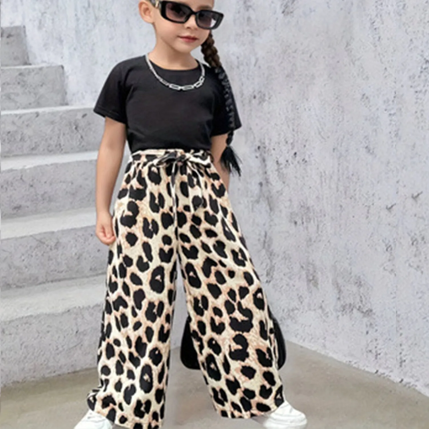 Black Short Sleeve Top & Leopard Tie Bow Wide Leg Pants sold by Zulily product image thumbnail 2