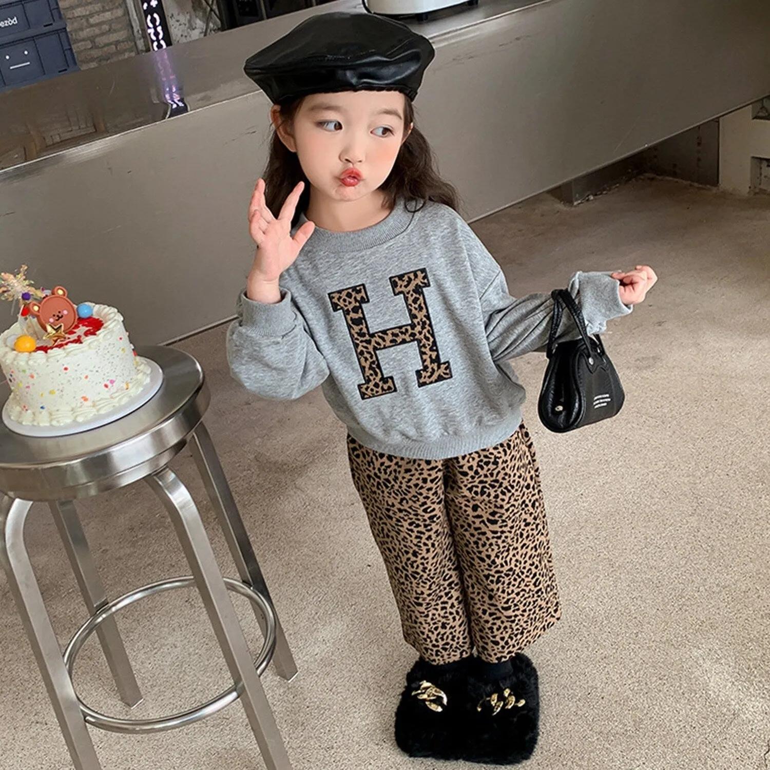 Grey & Brown Leopard "H" Round Neck Long-Sleeve Top & Leopard Wide-Leg Pants sold by Zulily product image thumbnail 4