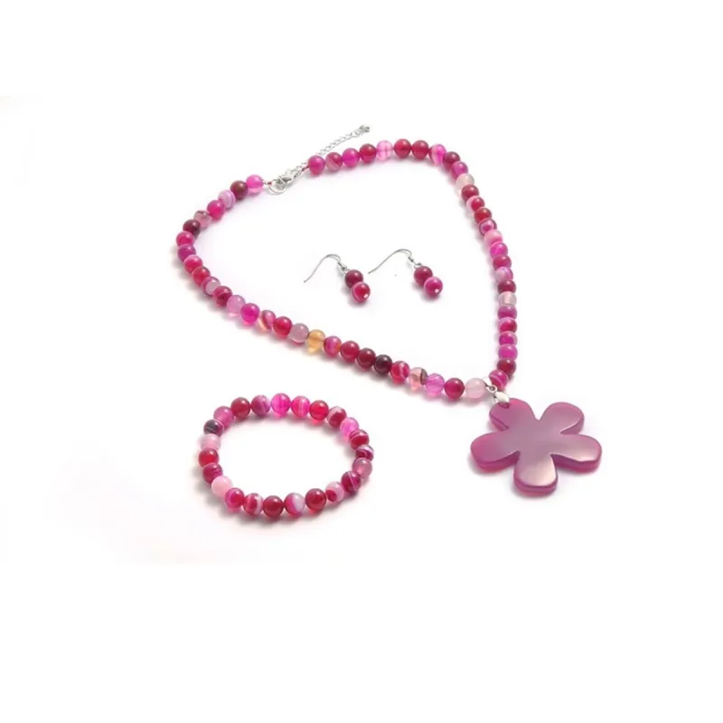 Purple Agate Set of Necklace, Strechable Bracelet Dangle Earrings in Silvertone sold by Zulily