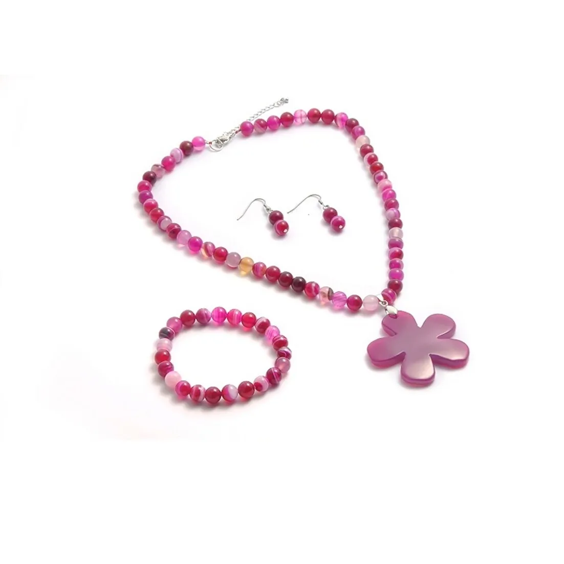 Purple Agate Set of Necklace, Strechable Bracelet Dangle Earrings in Silvertone sold by Zulily