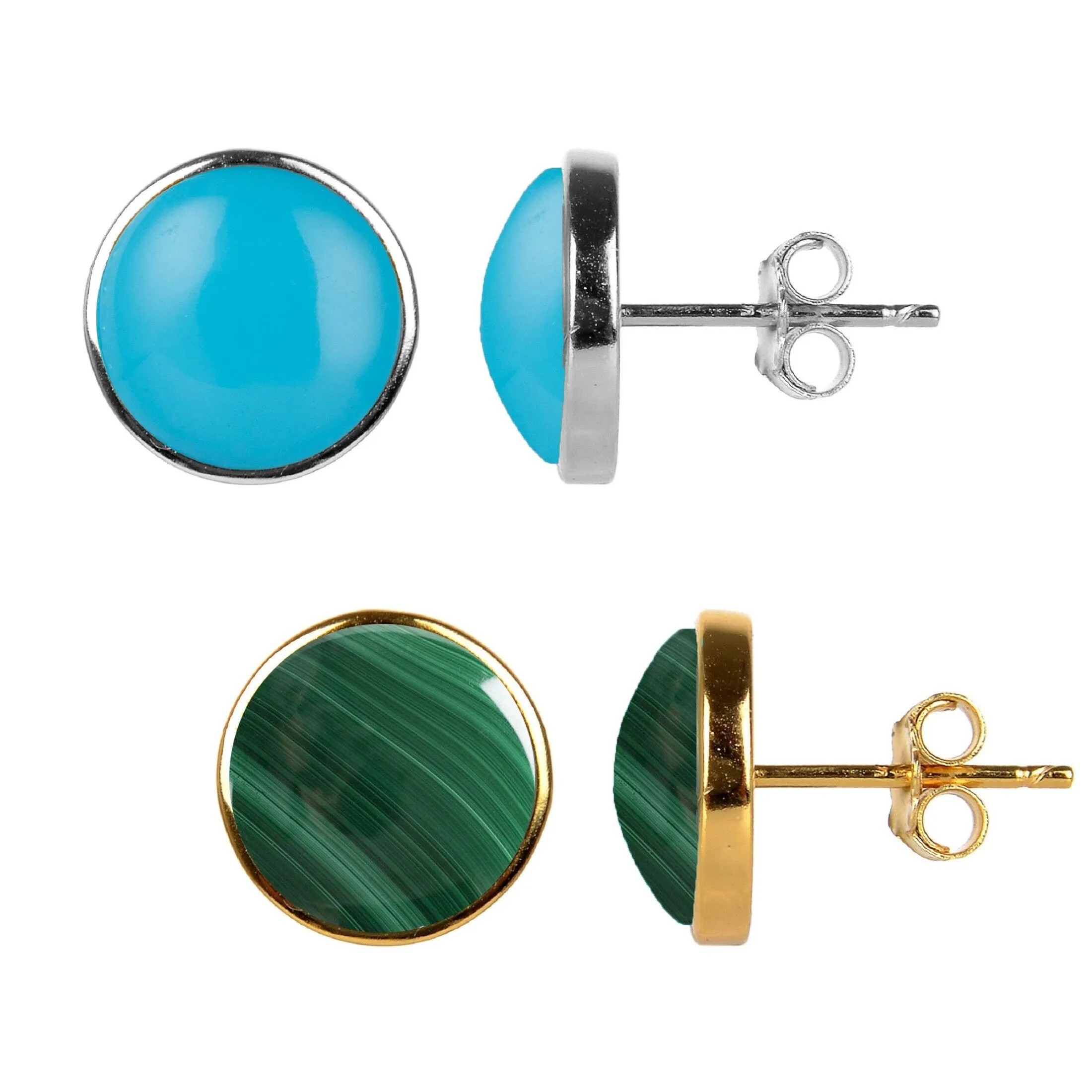 Set of 2 Turquoise and Malachite Stud Earrings in Sterling Sliver and Yellow Gold sold by Zulily