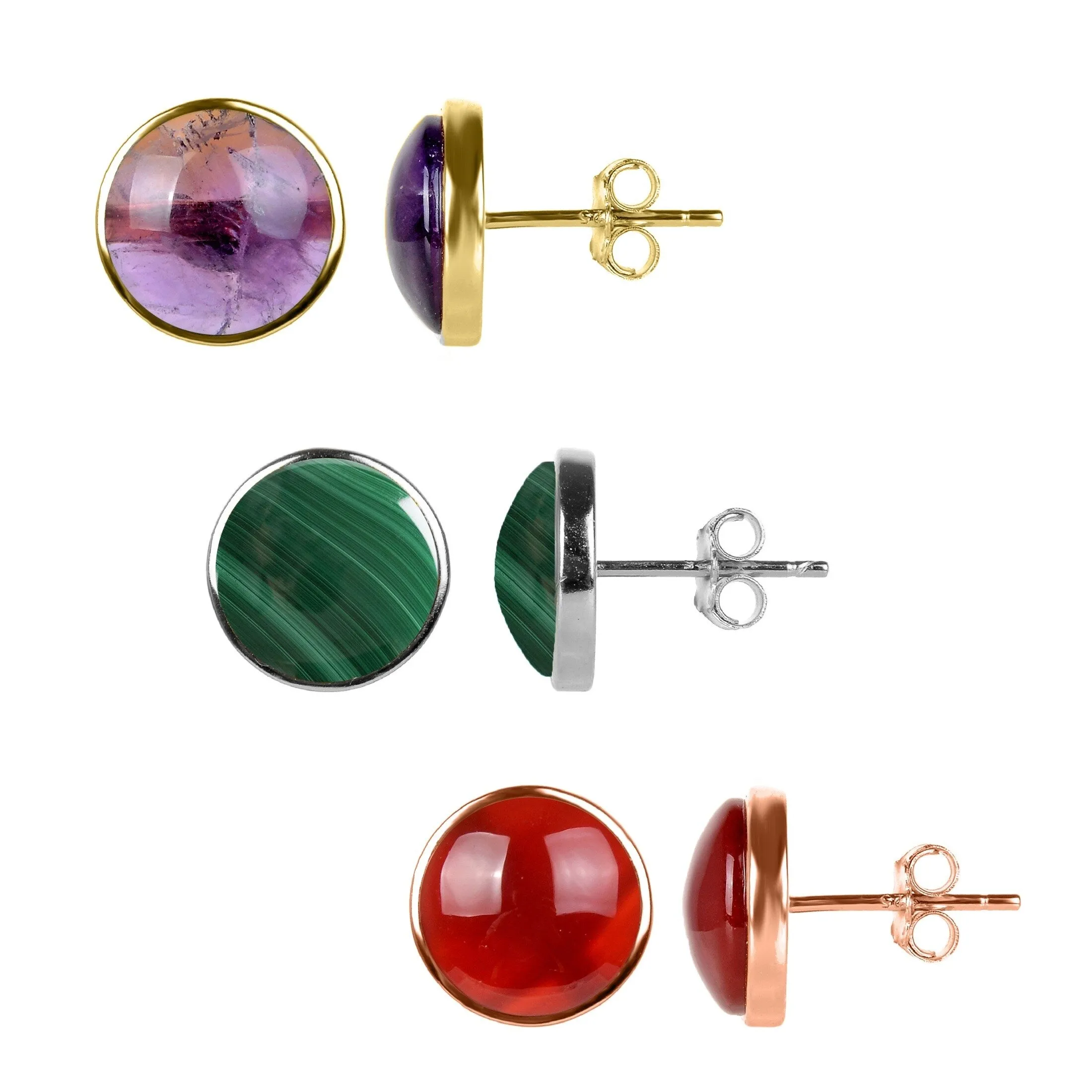 Set of 3 Amethyst, Coral and Malachite Stud Earrings in Rose, Yellow Gold and Silver sold by Zulily