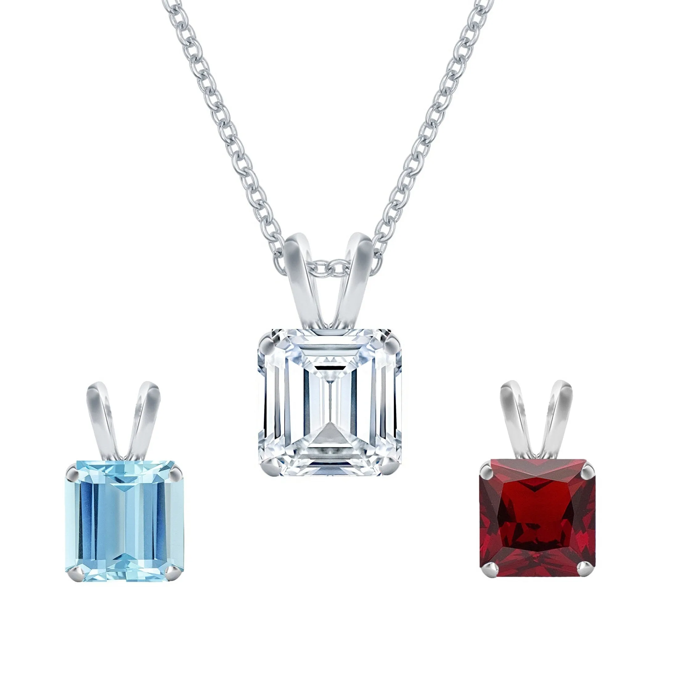 Set of 3-Sterling Silver with Sky Blue Topaz, Garnet and White Topaz Solitaire Pendant with 18" Chain sold by Zulily