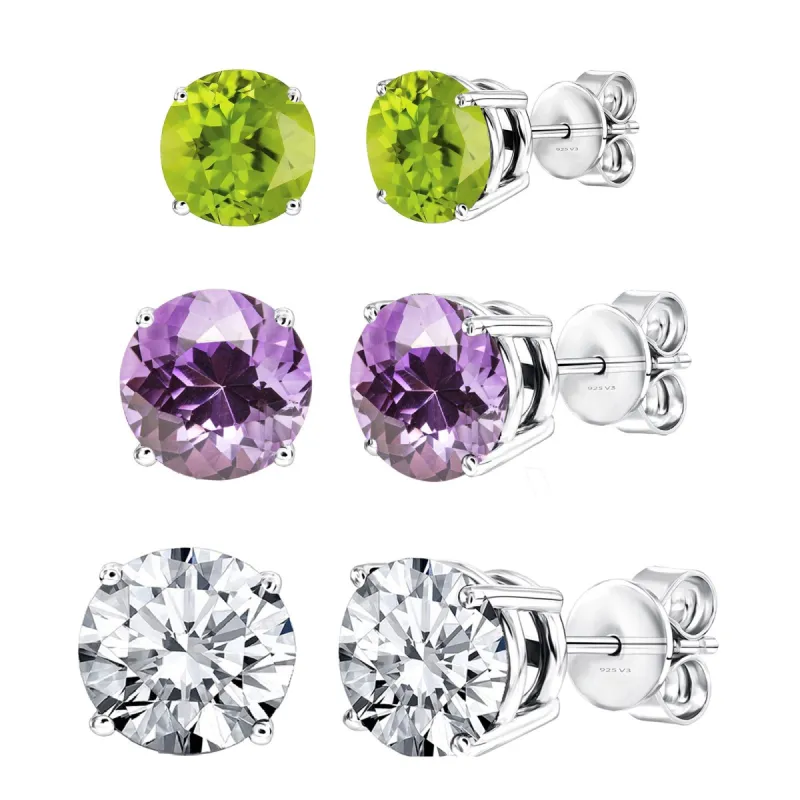 Set Of Three Sterling Silver with Natural Peridot, Amethyst and White Topaz Stud Earrings sold by Zulily