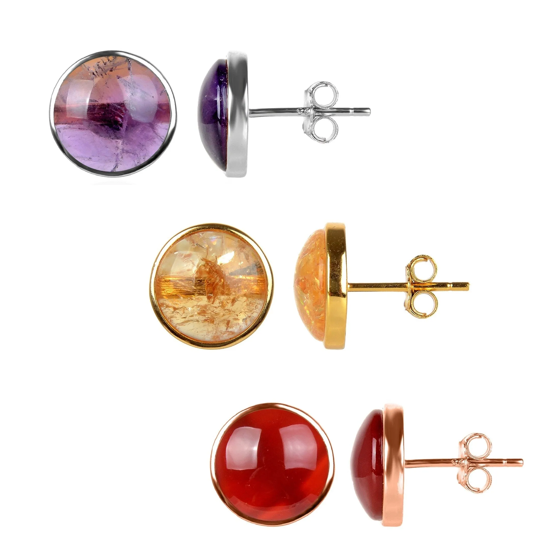 Set of 3 Amethyst, Citrine and Carnelian Stud Earrings in Rose, Yellow Gold and Silver sold by Zulily
