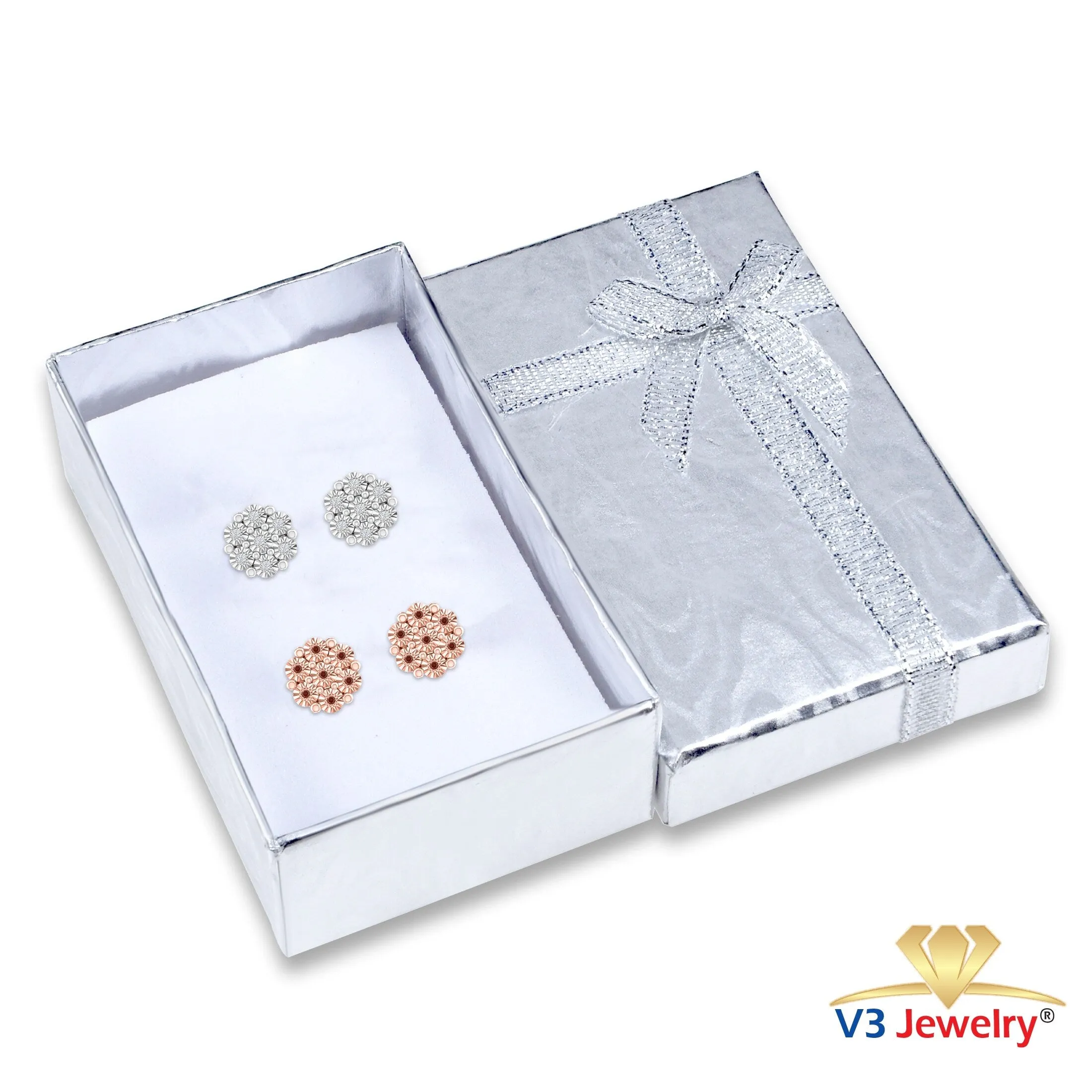 Set of Two Sterling Silver Natural White Diamond and Red Diamond Flower Earrings sold by Zulily