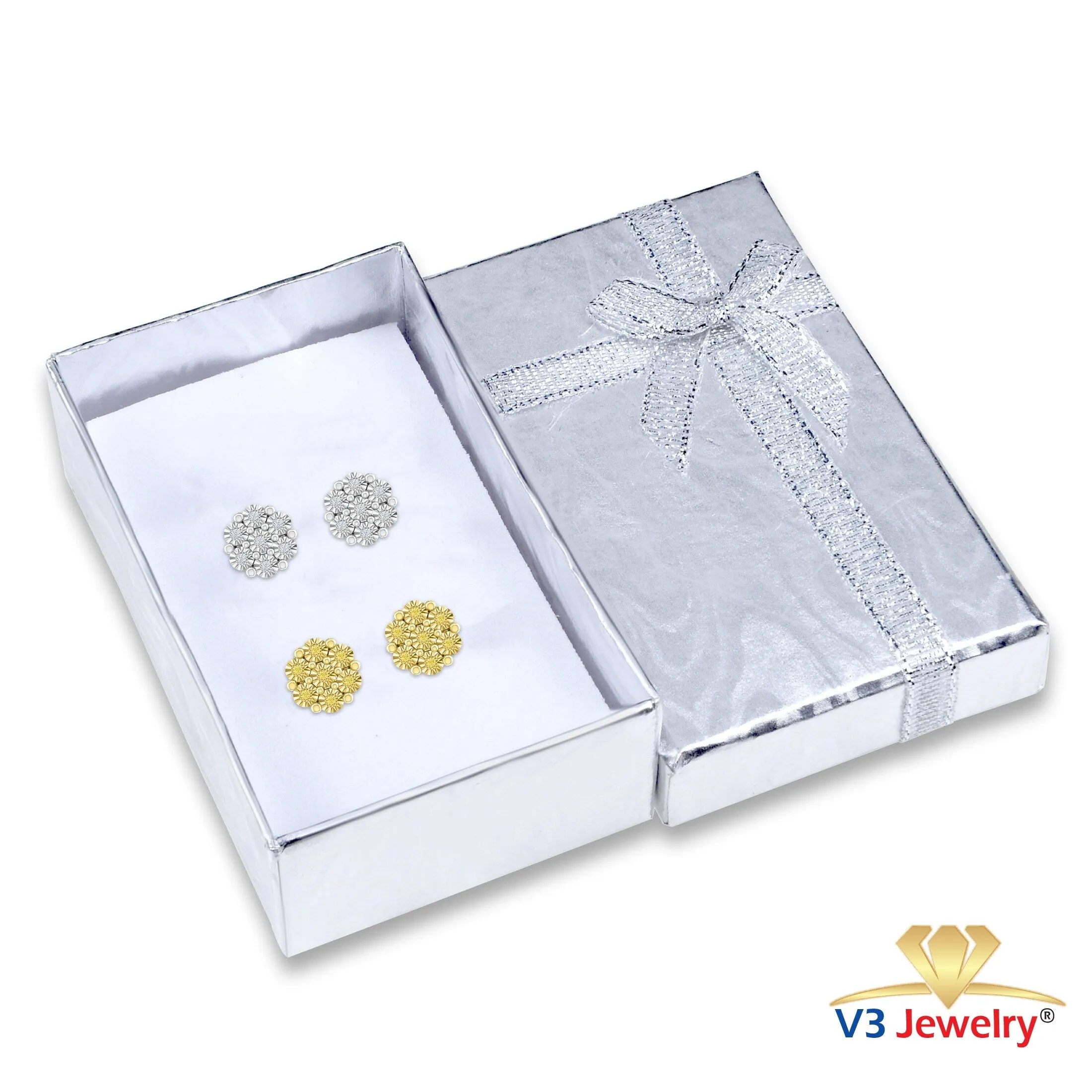 Set of Two Sterling Silver Natural White Diamond and Black Diamond Flower Earrings sold by Zulily