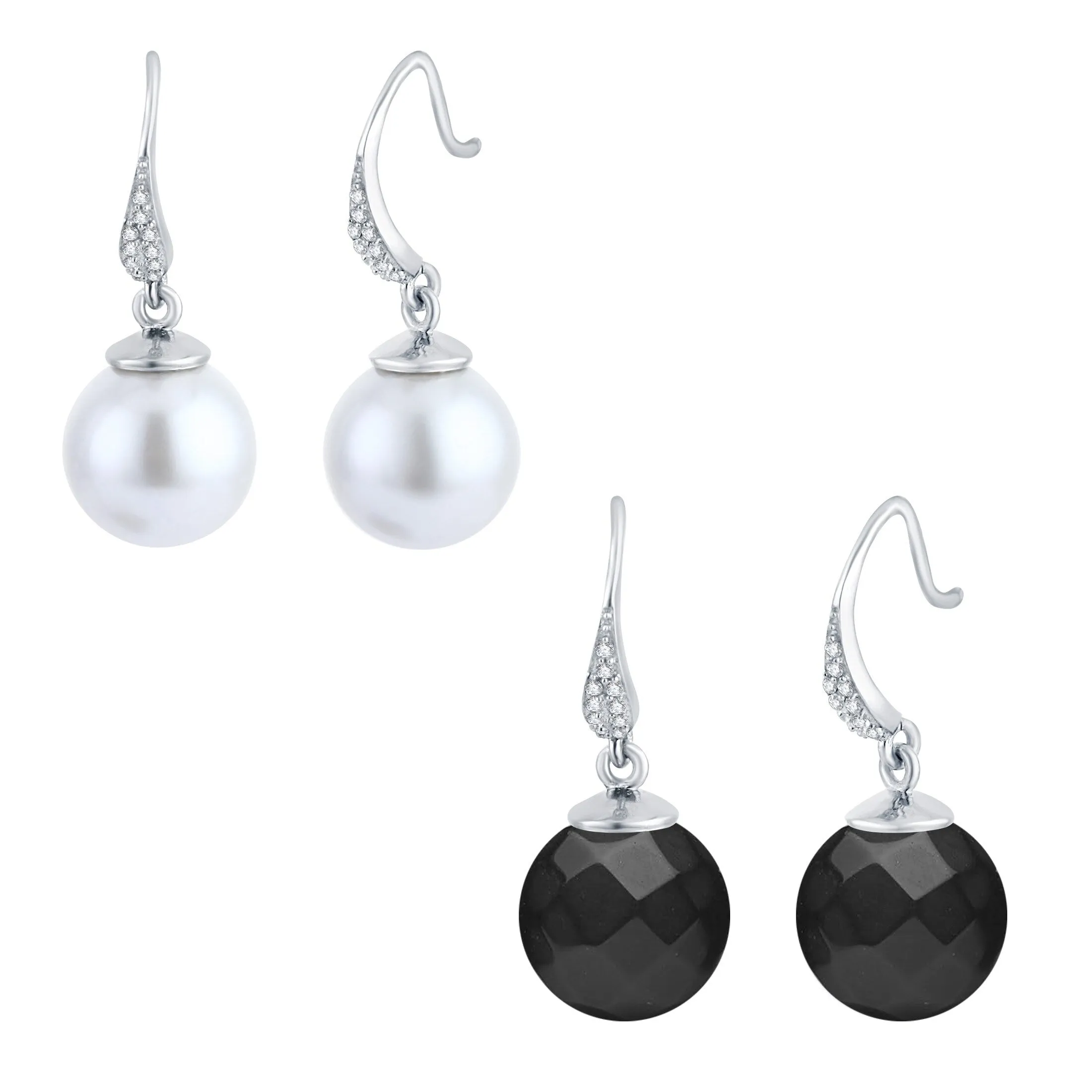 Set of Two Sterling Silver White Shell Pearl, Black Shell Pearl and White Topaz Dangle Earrings sold by Zulily
