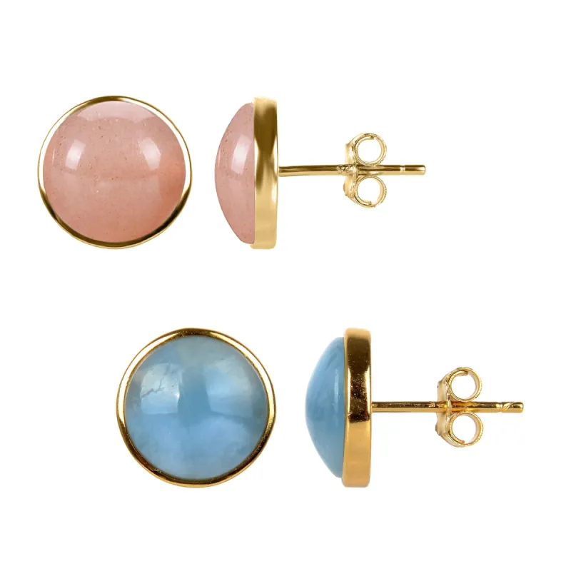 Set of 2 Peach Moonstone and Aquamarine Stud Earrings in Gold Over Sterling Sliver sold by Zulily