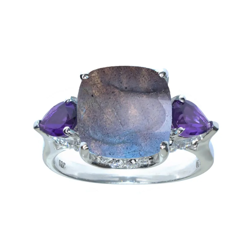 V3 Jewelry Sterling Sliver with Natural Labradorite, Amethyst and White Topaz Cushion Cut Ring sold by Zulily