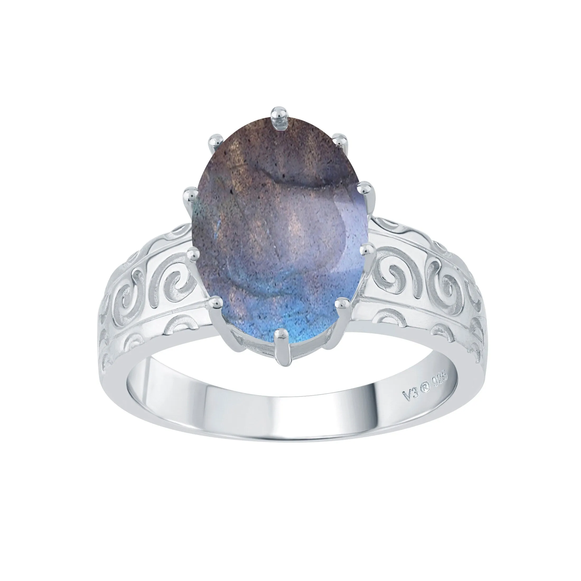 V3 Jewelr Sterling Silver with Natural Labradorite Solitaire Swirl Engravework Ring sold by Zulily