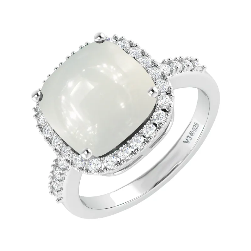Sterling Silver with Natural Rainbow Moon Stone and Natural White Topaz Cushion Cut Halo Ring sold by Zulily