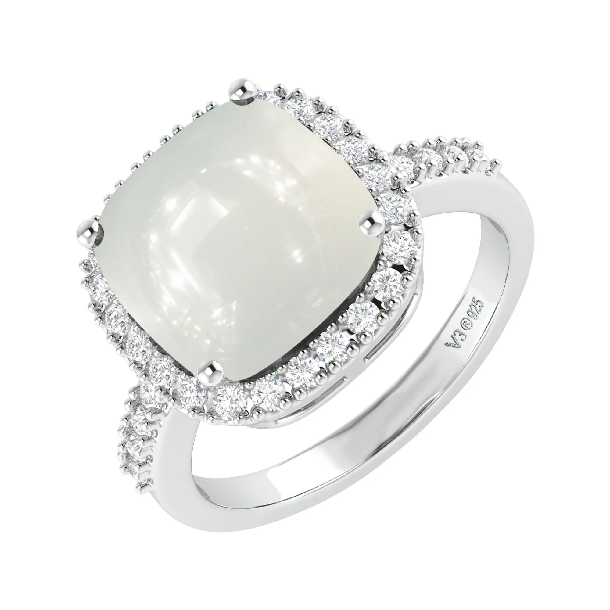 Sterling Silver with Natural Rainbow Moon Stone and Natural White Topaz Cushion Cut Halo Ring sold by Zulily