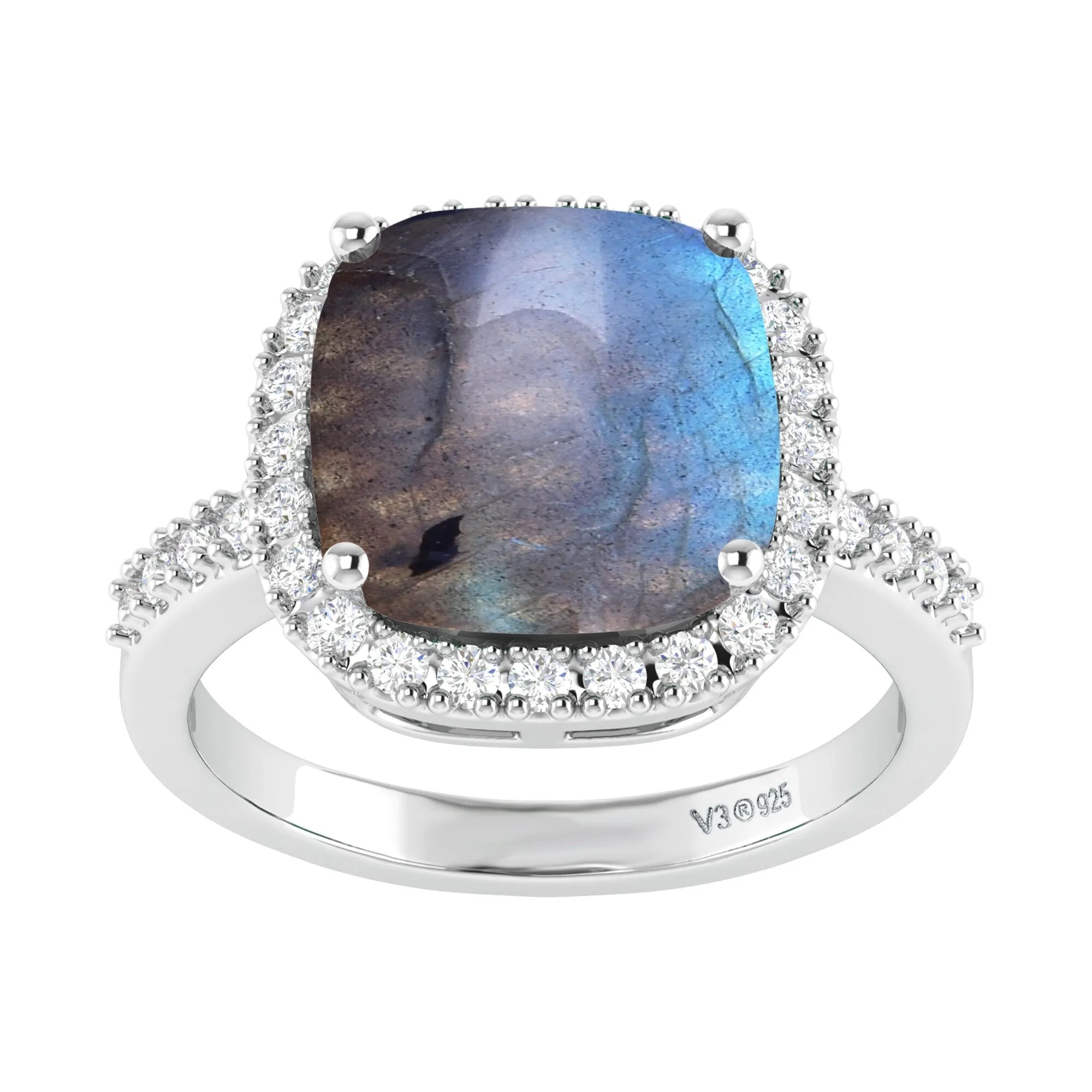 Sterling Silver with Natural Labradoride and Natural White Topaz Cushion Cut Halo Ring sold by Zulily product image thumbnail 4