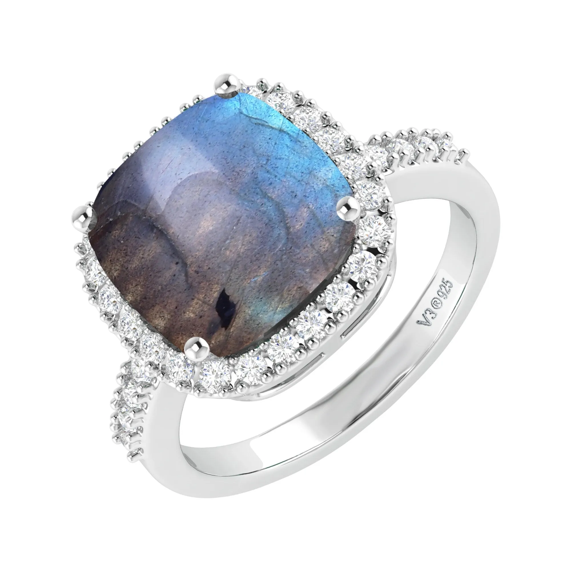 Sterling Silver with Natural Labradoride and Natural White Topaz Cushion Cut Halo Ring sold by Zulily product image thumbnail 3