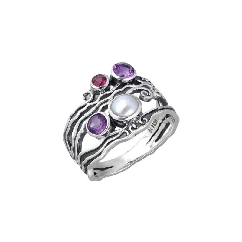 YS Gems Sterling Silver Pearl Amethyst Textured Ring sold by Zulily