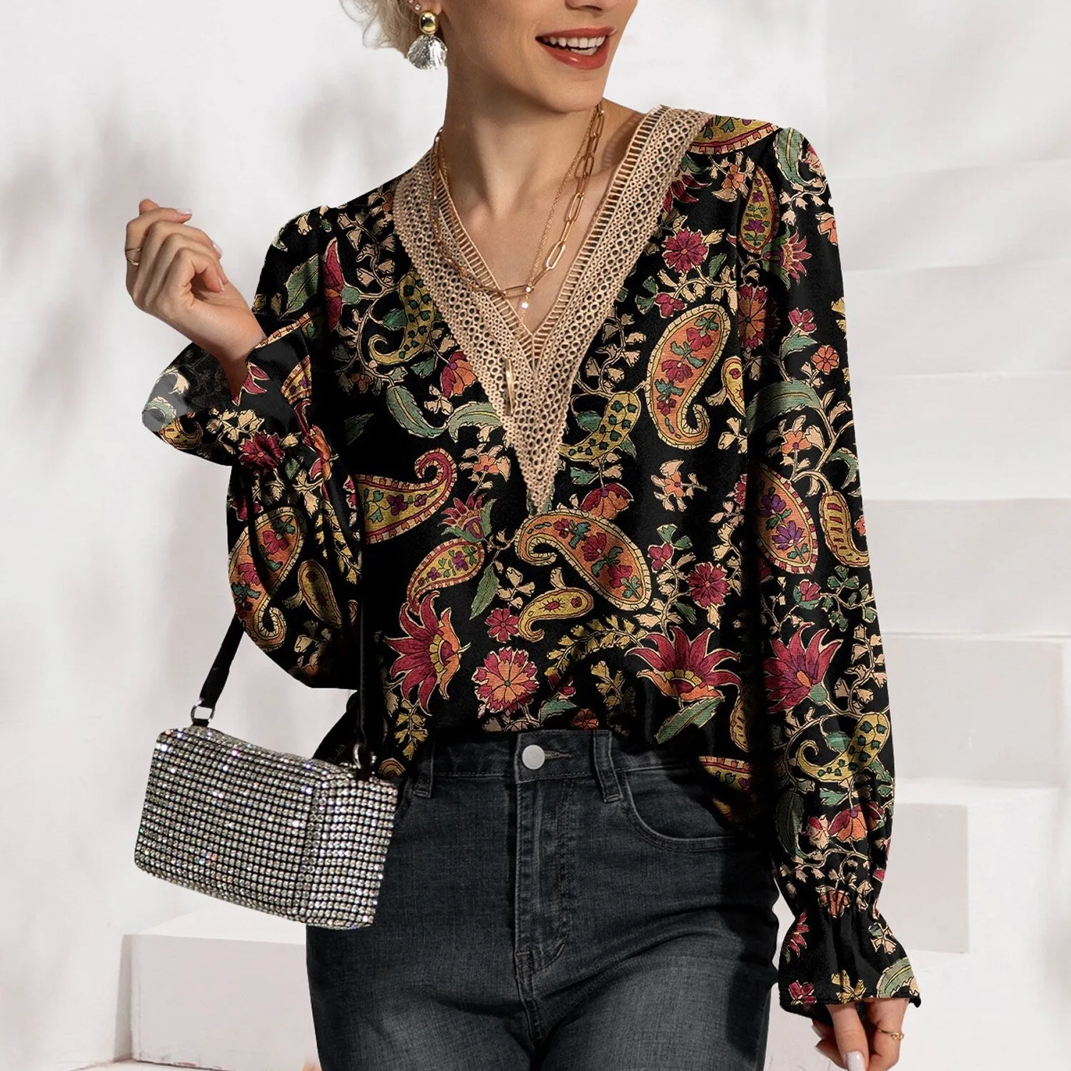 Black Floral Paisley Print Eyelet V-Neck Flounce Sleeve Blouse sold by Zulily product image thumbnail 2